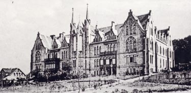 Das Diakonissenmutterhaus Sarepta, um 1880. Links das erste Pfarrhaus Pastor Friedich v. Bodelschinghs d.Ä. am Jägerbrink (heute Sareptaweg).