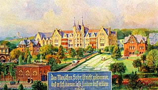 Diakonissenmutterhaus Sarepta nach dem Umbau 1912, kolorierte Postkarte.