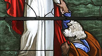 Das Glasfenster mit dem sinkenden Petrus im Speisesaal des Hauses Groß-Behtel.